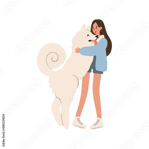 Cute vector illustration of woman, diverse character in everyday urban scenes. People walking dogs, using wheelchair, pushing stroller. Couples, families, individuals of various ages and ethnicities.