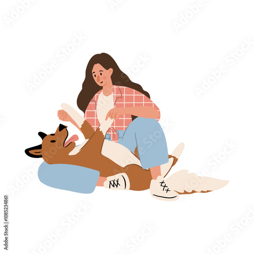 Cute vector illustration of woman, diverse character in everyday urban scenes. People walking dogs, using wheelchair, pushing stroller. Couples, families, individuals of various ages and ethnicities.