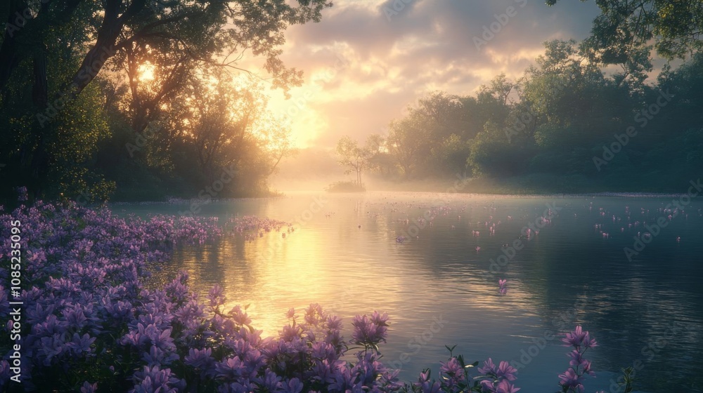 Serene river at sunrise with flowers. Serene river at sunrise with flowers.