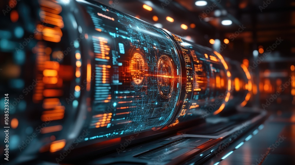 Futuristic digital interface displays glowing data streams and intricate code within a sleek, dark technological setting. Futuristic digital interface displays glowing data streams and intricate code within a sleek, dark technological setting.