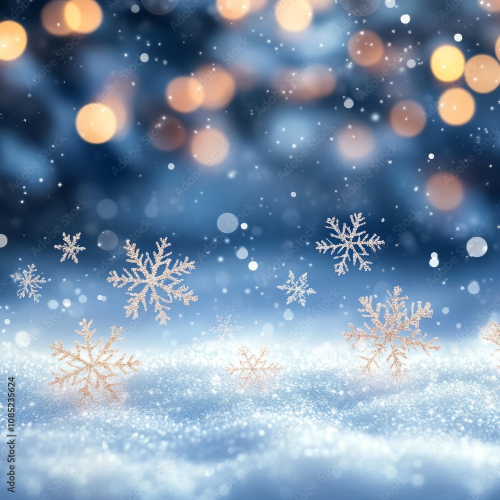 Naklejka premium Ethereal Winter Wonderland - Soft Snowflakes, Bokeh Lights, Frosty Gradient Background