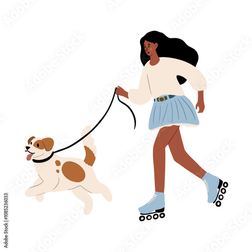 Cute vector illustration of black woman, diverse character in everyday urban scenes. People walking dogs, using wheelchair, pushing stroller. individuals of various ages and ethnicities.