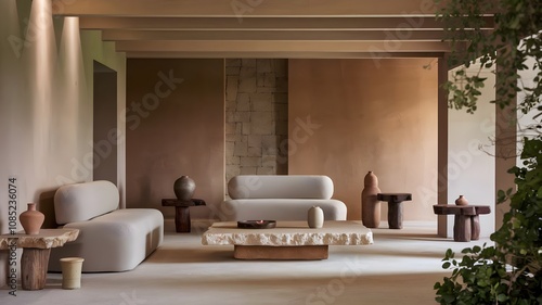 Tranquil Earth: Minimalist Serene Living Room with Natural Textures and Organic Elegance photo