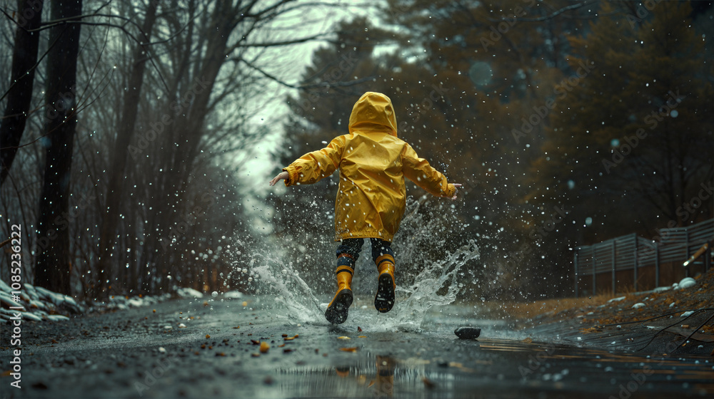 Child in yellow raincoat jumping in puddle on rainy day Child in yellow raincoat jumping in puddle on rainy day