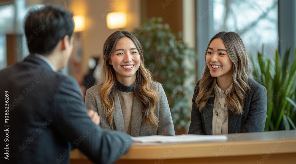 A photograph of two smiling, diverse people talking to the receptionist at the front desk of an office building. They are dressed in professional attire, and the warm lighting crea A photograph of two smiling, diverse people talking to the receptionist at the front desk of an office building. They are dressed in professional attire, and the warm lighting crea