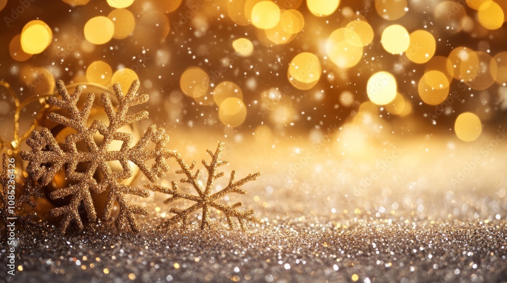 Fototapeta premium Winter Wonderland: Cozy Festive Background with Glowing Snowflakes and Bokeh Lights