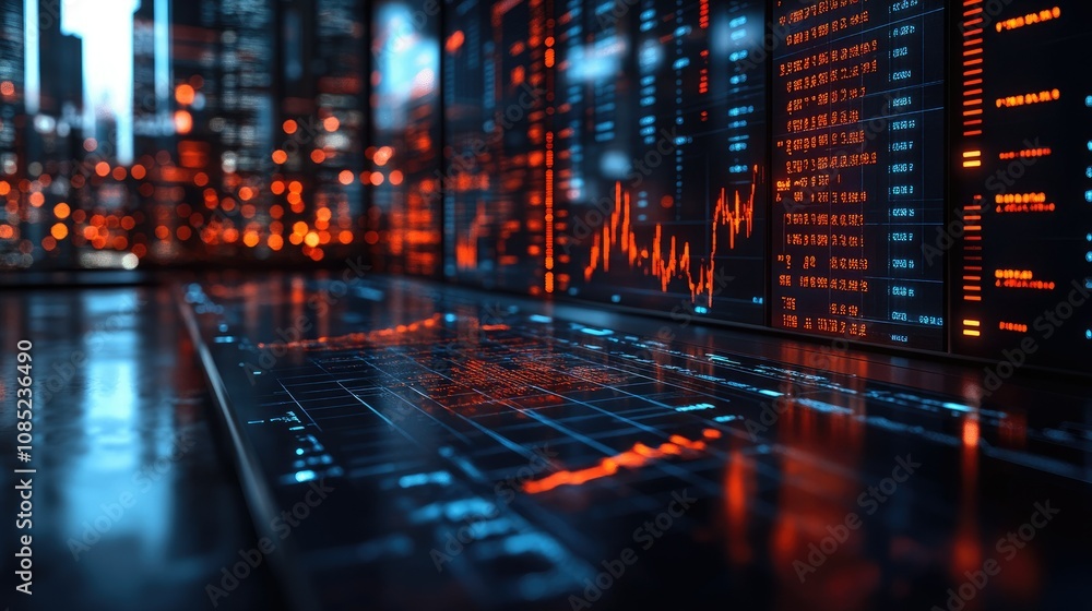 Fototapeta premium Futuristic trading desk with city backdrop displaying financial data on monitors.