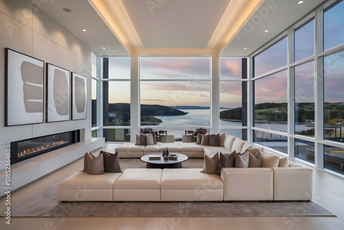 Sunset Serenity: Luxurious Waterfront Modern Living Room with Panoramic Views photo