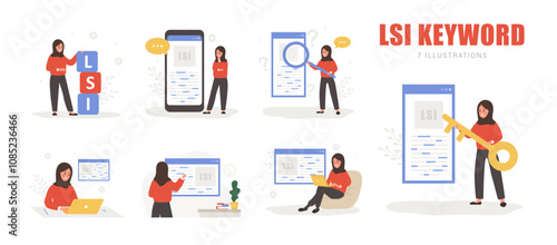 Lsi keyword. Latent Semantic Indexing. Key phrases generator. Set of Vector illustrations in cartoon style. Arabian female characters are engaged and word search optimization.