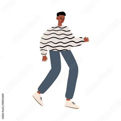 Cute vector illustration of black man, diverse character in everyday urban scenes. People walking dogs, using wheelchair, pushing stroller. individuals of various ages and ethnicities.