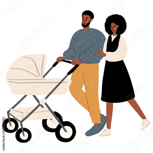 Cute vector illustration of diverse character in everyday urban scenes. People walking dogs, using wheelchair, pushing stroller. Black couples, families, individuals of various ages and ethnicities.