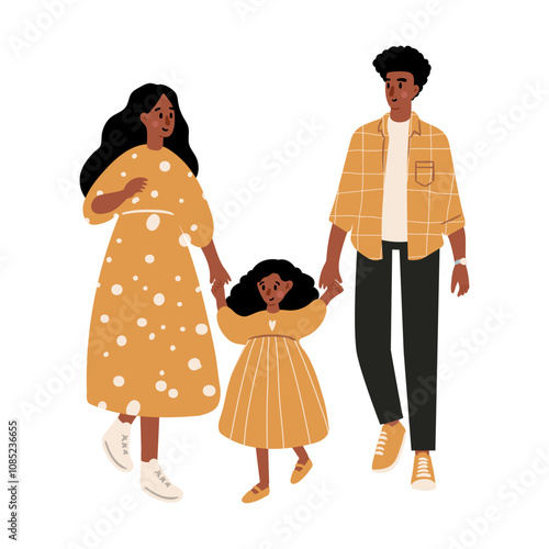 Cute vector illustration of diverse character in everyday urban scenes. People walking dogs, using wheelchair, pushing stroller. Black couples, families, individuals of various ages and ethnicities.