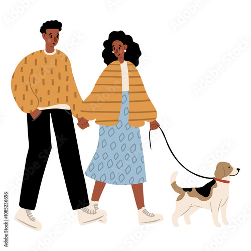 Cute vector illustration of diverse character in everyday urban scenes. People walking dogs, using wheelchair, pushing stroller. Black couples, families, individuals of various ages and ethnicities.