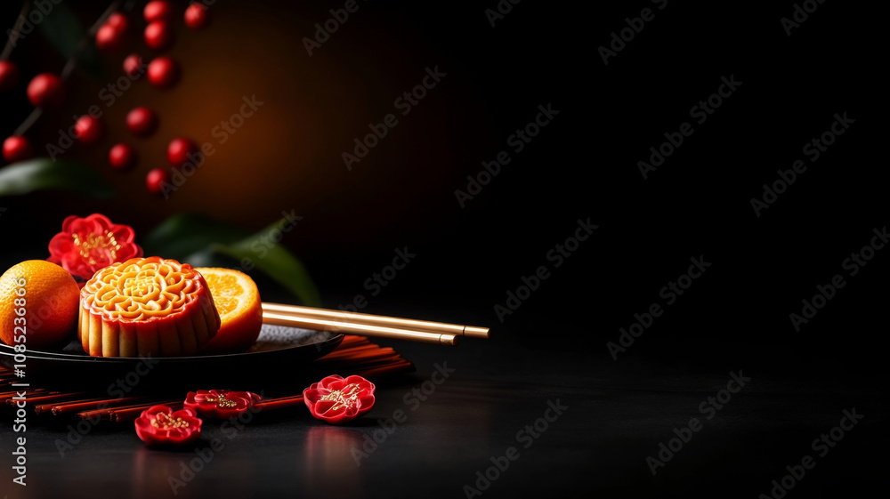 Delight in high resolution food photography scene featuring mooncakes, oranges, and decorative flowers, evoking festive atmosphere Delight in high resolution food photography scene featuring mooncakes, oranges, and decorative flowers, evoking festive atmosphere