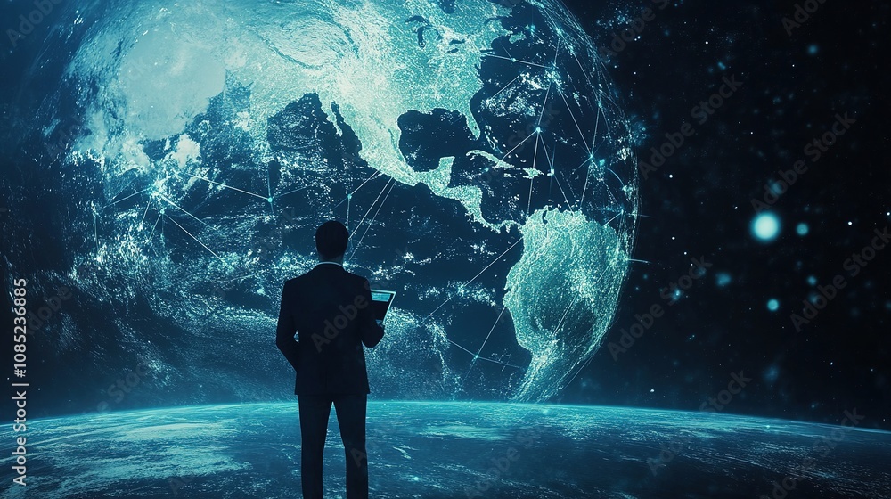 Fototapeta premium Businessman Analyzing Global Network Connections Against a Beautiful Earth View in Space, Representing Modern Technology and Digital Transformation