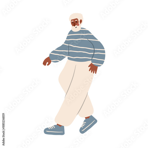 Cute vector illustration of black man, diverse character in everyday urban scenes. People walking dogs, using wheelchair, pushing stroller. individuals of various ages and ethnicities.