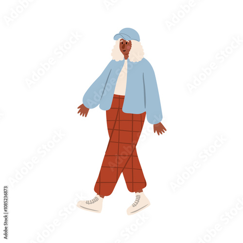 Cute vector illustration of black woman, diverse character in everyday urban scenes. People walking dogs, using wheelchair, pushing stroller. individuals of various ages and ethnicities.