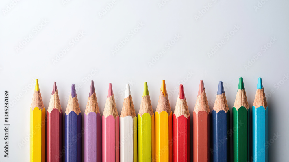 Colorful pencils arranged in rows on white background create vibrant display, perfect for artistic inspiration and creativity Colorful pencils arranged in rows on white background create vibrant display, perfect for artistic inspiration and creativity