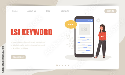 Lsi keyword. Landing page template. Latent Semantic Indexing. Search engine marketing. Vector illustration in flat cartoon style. Web analysis.