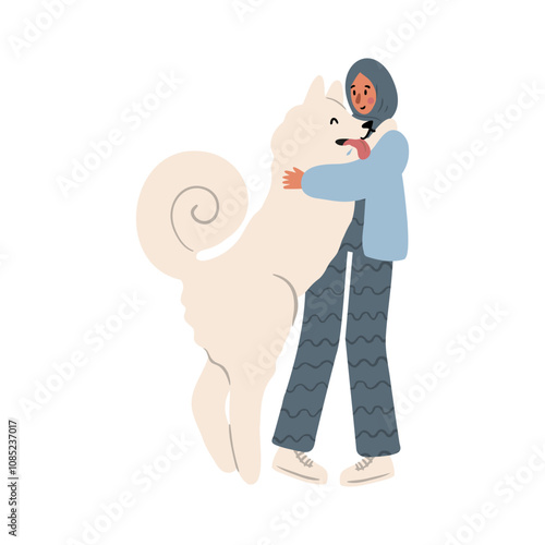 Cute vector illustration of muslim woman, diverse character in everyday urban scenes. People walking dogs, using wheelchair, pushing stroller. individuals of various ages and ethnicities.
