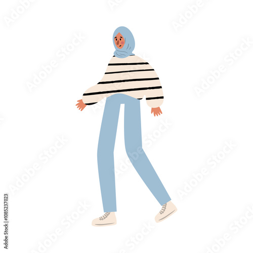 Cute vector illustration of muslim woman, diverse character in everyday urban scenes. People walking dogs, using wheelchair, pushing stroller. individuals of various ages and ethnicities.