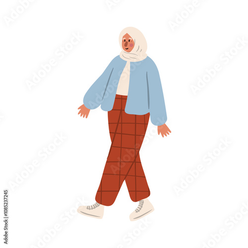Cute vector illustration of muslim woman, diverse character in everyday urban scenes. People walking dogs, using wheelchair, pushing stroller. individuals of various ages and ethnicities.