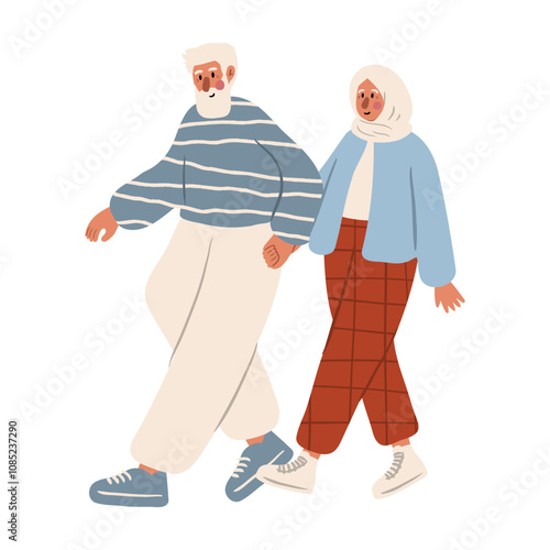 Cute vector illustration of diverse character in everyday urban scenes. People walking dogs, using wheelchair, pushing stroller. Muslim couples, families, individuals of various ages and ethnicities.