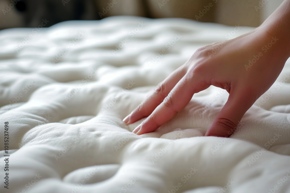 Orthopedic mattress being tested by a person pressing down with their hand, showing how it adapts to pressure. Orthopedic mattress being tested by a person pressing down with their hand, showing how it adapts to pressure.