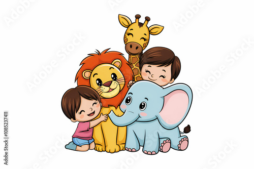 Colorful t-shirt vector design with playful kids hugging animals, cute illustration of lion giraffe and elephant