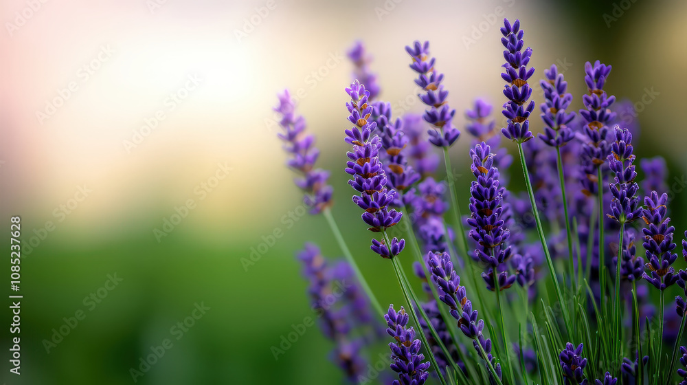 Naklejka premium Lavender flowers in soft background create serene atmosphere, showcasing beauty of nature. vibrant purple blooms stand tall, inviting tranquility and calmness