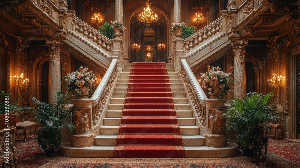 Obraz premium Grand marble staircase with red carpet runner, ornate balustrades, and floral arrangements in a luxurious palace interior.