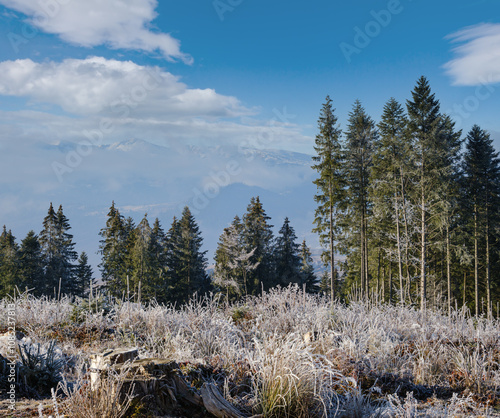 Winter coming. Last days of autumn, morning in mountain countryside peaceful picturesque hoarfrosted scene.  Ukraine, Carpathian mountains.
