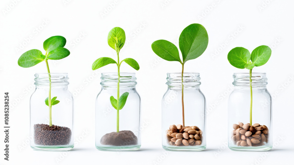 series of plants growing in glass jars, showcasing different stages of growth and soil types, symbolizing nature beauty and resilience