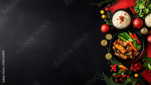 Delicious Asian cuisine featuring crispy chicken, steamed buns, and vibrant vegetables arranged beautifully on dark background, perfect for festive celebrations