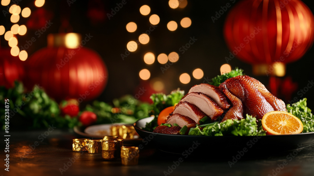 beautifully arranged plate of roasted duck garnished with fresh greens and orange slices, set against backdrop of festive lanterns and twinkling lights, creating warm and inviting atmosphere beautifully arranged plate of roasted duck garnished with fresh greens and orange slices, set against backdrop of festive lanterns and twinkling lights, creating warm and inviting atmosphere