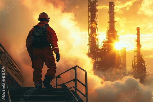 An oil worker in protective gear stands on a platform, overlooking an industrial plant at sunset. This image conveys industrial labor,  photo