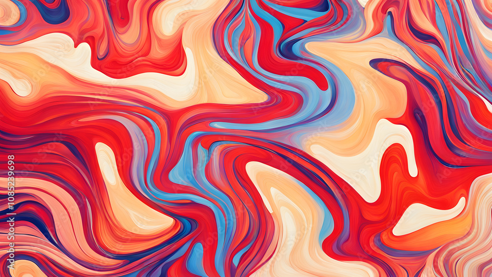 A colorful abstract painting with a red, blue, and yellow swirl A colorful abstract painting with a red, blue, and yellow swirl