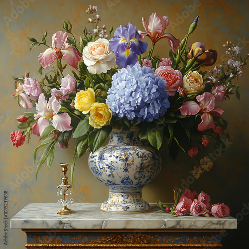 vibrant still life featuring classical vase filled with colorful flowers, including roses, hydrangeas, and irises, set against textured background. arrangement exudes elegance and beauty photo