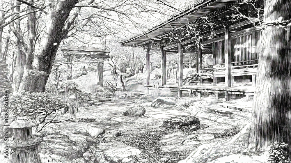 Fototapeta premium Japanese zen garden with traditional architecture and torii gate in pencil sketch style