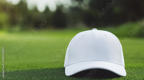 White baseball cap blank mockup on grass golf course outdoors minimalist sporty headwear apparel accessory empty green background hat plain sporty uniform mock up marketing advert isolated plain