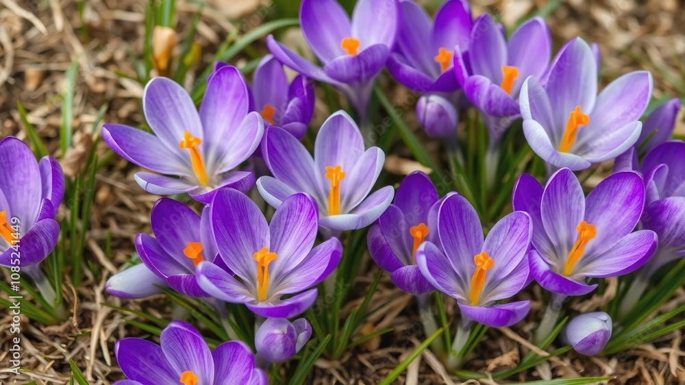 A close-up shot of vibrant purple and white crocus flowers blooming in early spring, plant, vibrant A close-up shot of vibrant purple and white crocus flowers blooming in early spring, plant, vibrant