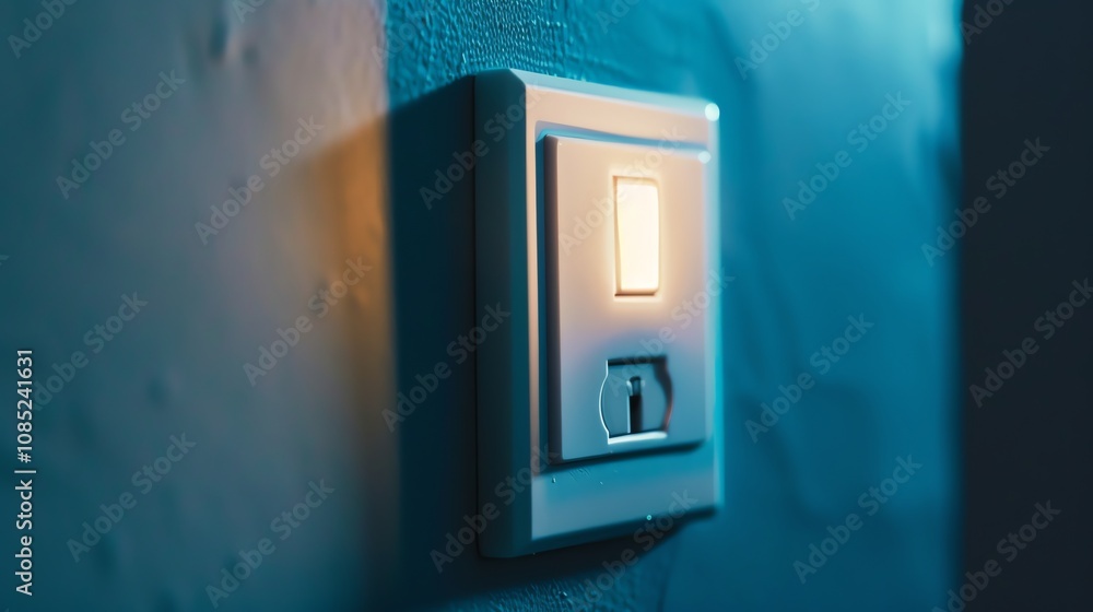 A close up of a light switch with the light on. A close up of a light switch with the light on.