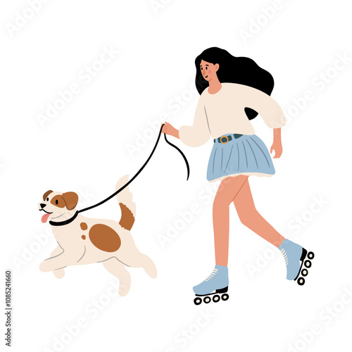 Cute vector illustration of woman, diverse character in everyday urban scenes. People walking dogs, using wheelchair, pushing stroller. Couples, families, individuals of various ages and ethnicities.