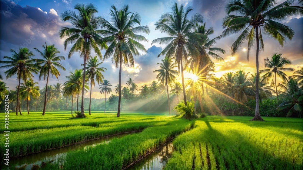 Lush Green Rice Field Surrounded by Tall Palm Trees with Sunlight Filtering Through Leaves in a Serene Tropical Landscape Lush Green Rice Field Surrounded by Tall Palm Trees with Sunlight Filtering Through Leaves in a Serene Tropical Landscape
