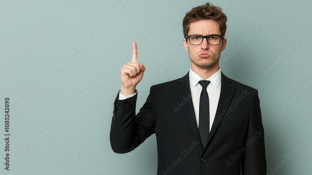 young businessman in suit and glasses raises his finger, expressing serious demeanor. His facial expression conveys determination and authority young businessman in suit and glasses raises his finger, expressing serious demeanor. His facial expression conveys determination and authority