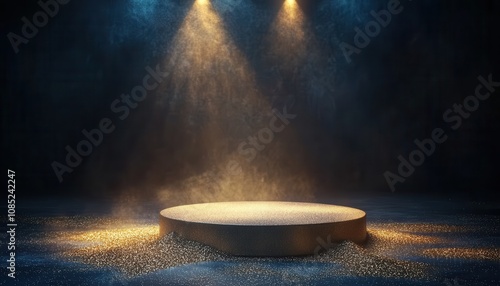 podium with gold particles and glitter on the floor, illuminated by spotlights for an award ceremony