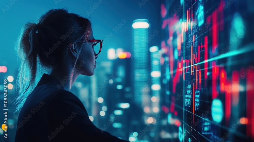 Professional Woman Analyzing Data on a High-Tech Screen in a Futuristic City at Night with Bright Neon Lights and Skyscrapers in the Background