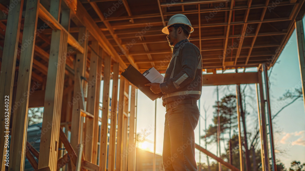Construction site manager with clipboard at wooden framework during sunset Construction site manager with clipboard at wooden framework during sunset