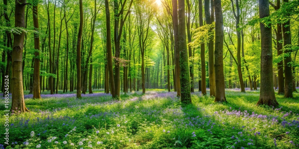 A lush green forest with tall trees and a carpet of wildflowers surrounding them, landscape, forest, foliage A lush green forest with tall trees and a carpet of wildflowers surrounding them, landscape, forest, foliage