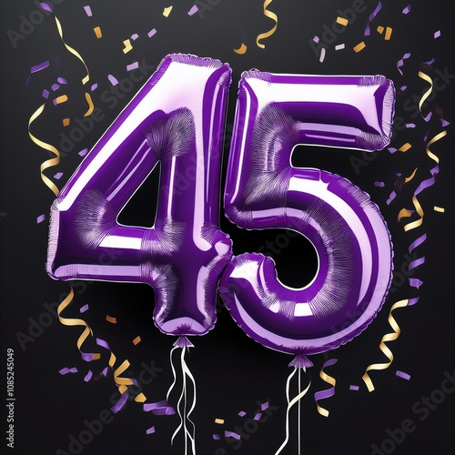 Purple birthday / anniversary balloon, number 45, black background with confetti